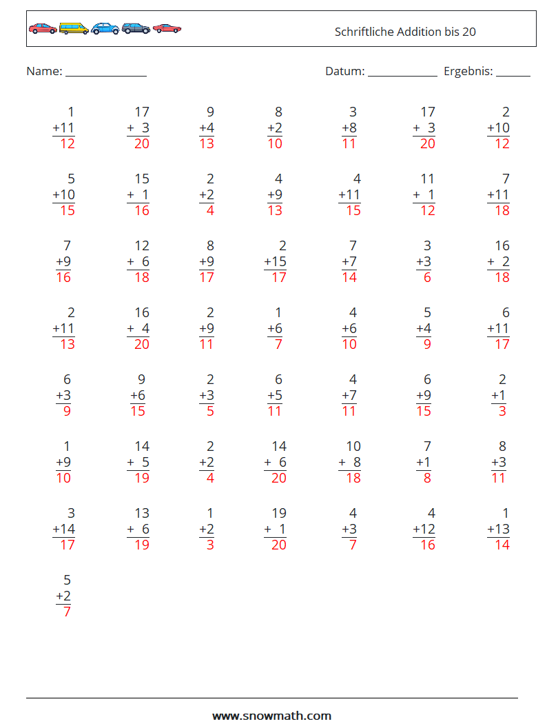 (50) Schriftliche Addition bis 20 Mathe-Arbeitsblätter 6 Frage, Antwort