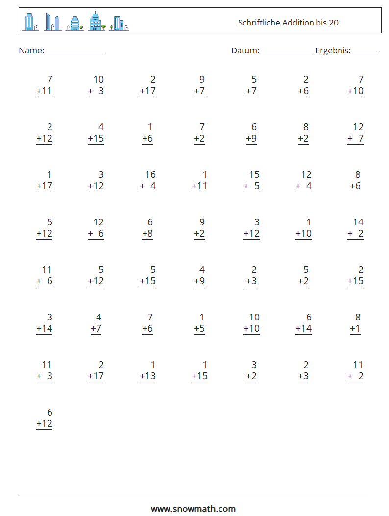 (50) Schriftliche Addition bis 20 Mathe-Arbeitsblätter 7