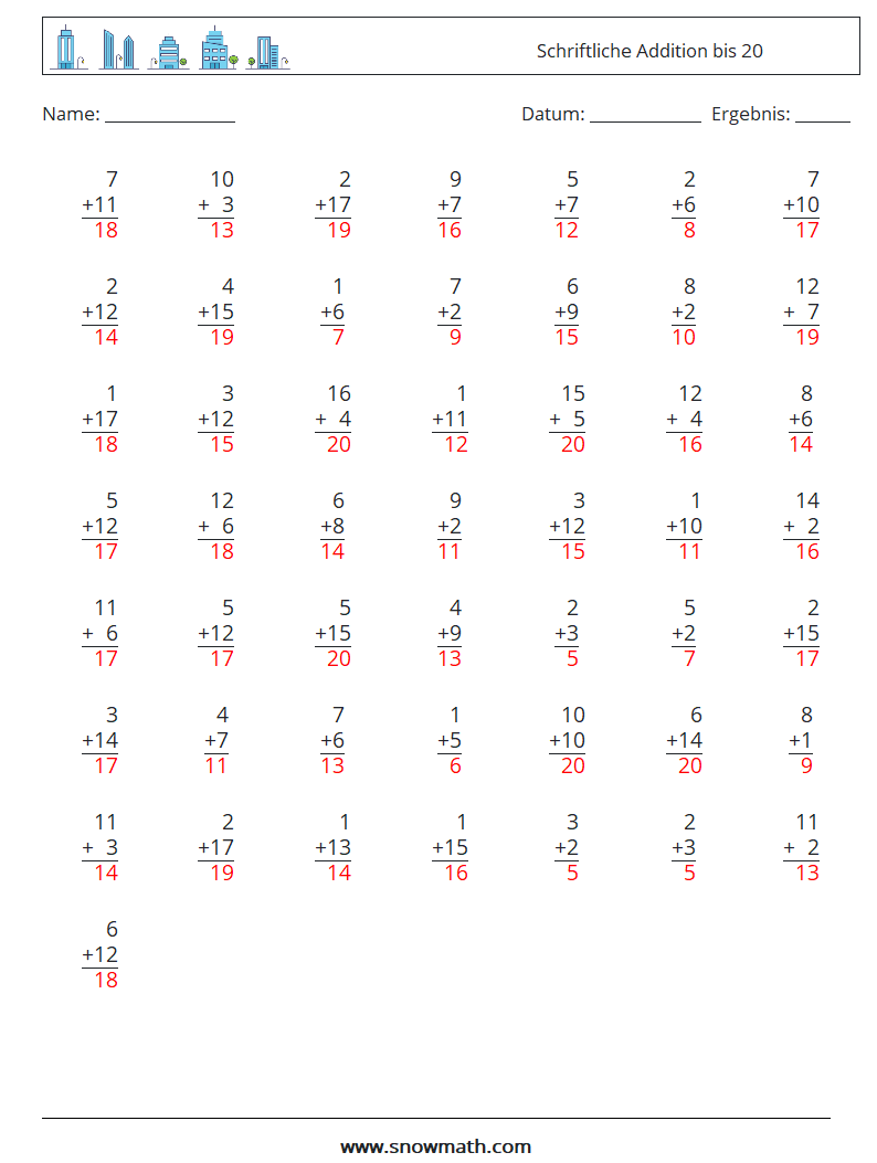 (50) Schriftliche Addition bis 20 Mathe-Arbeitsblätter 7 Frage, Antwort