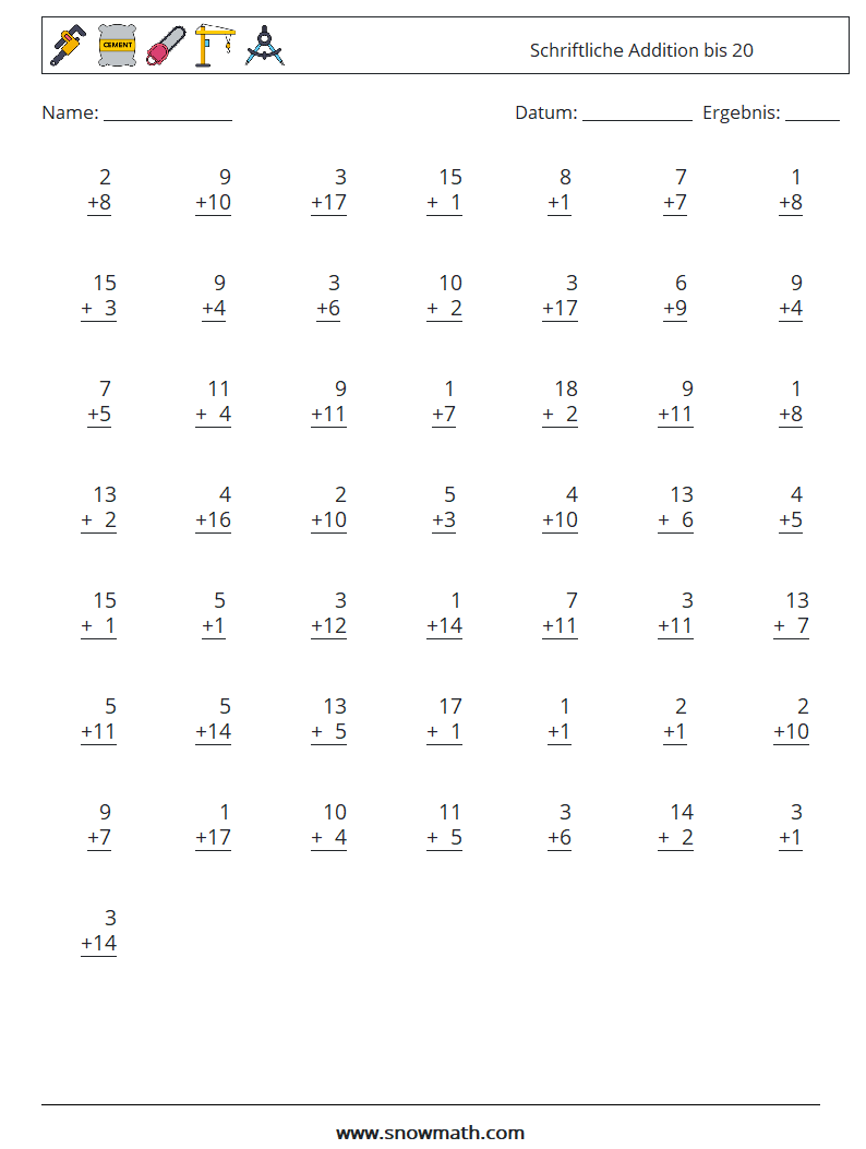 (50) Schriftliche Addition bis 20 Mathe-Arbeitsblätter 8