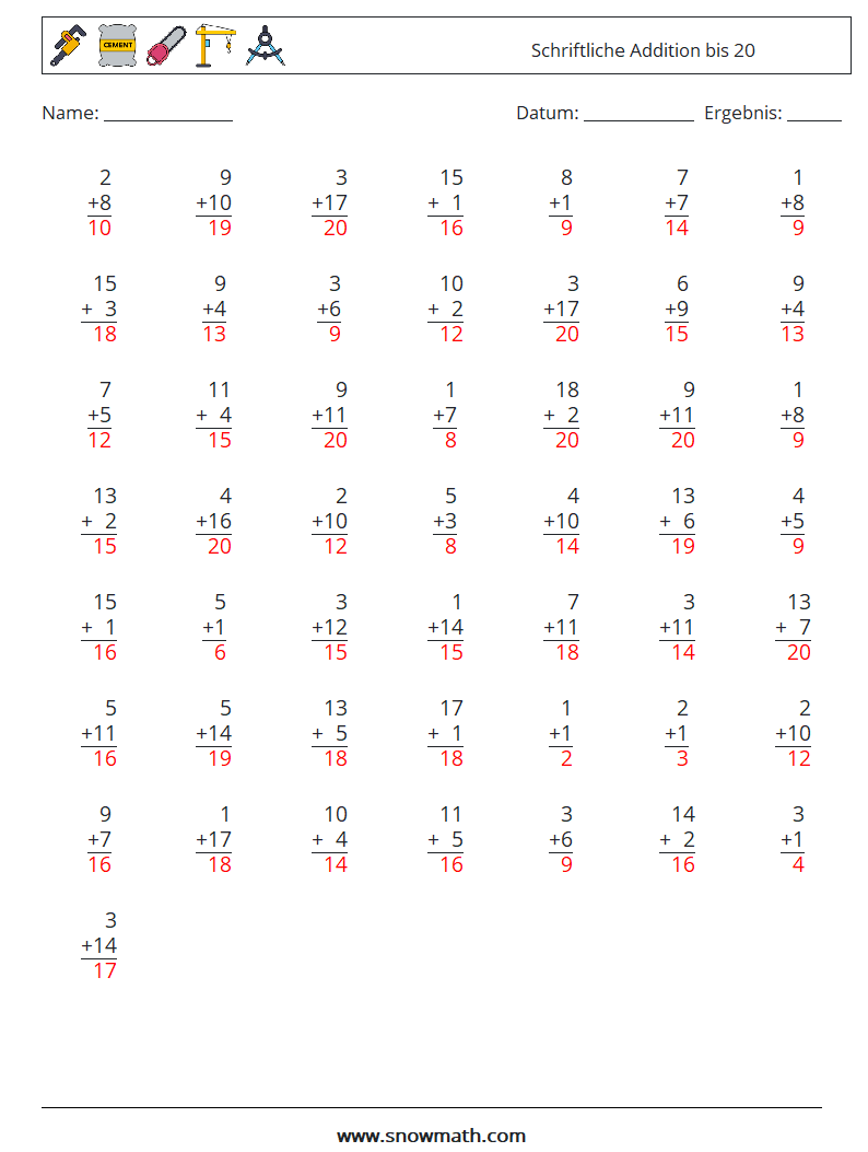 (50) Schriftliche Addition bis 20 Mathe-Arbeitsblätter 8 Frage, Antwort