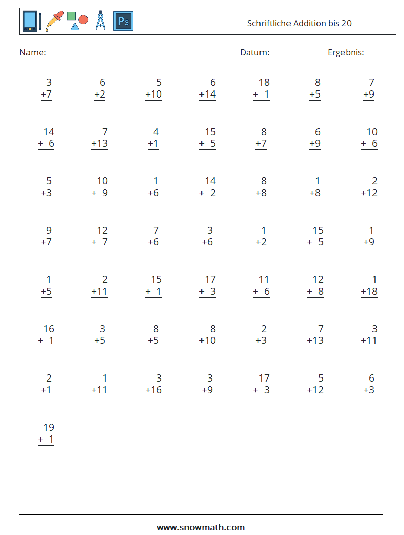 (50) Schriftliche Addition bis 20 Mathe-Arbeitsblätter 9