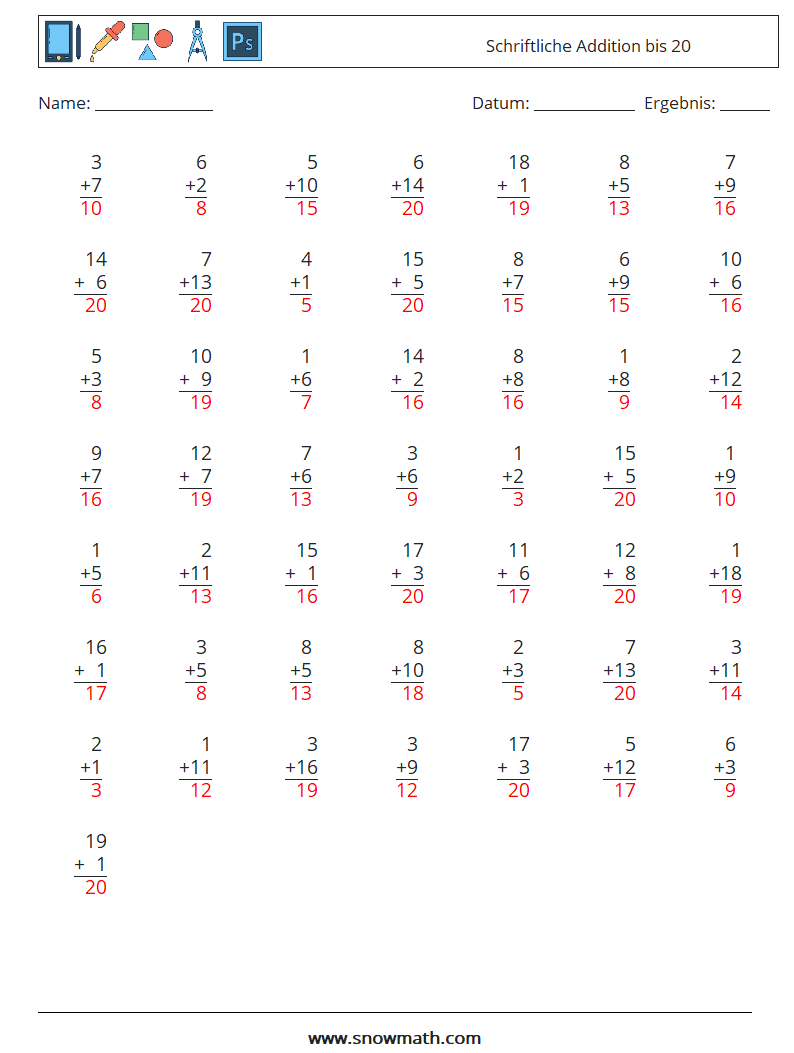 (50) Schriftliche Addition bis 20 Mathe-Arbeitsblätter 9 Frage, Antwort