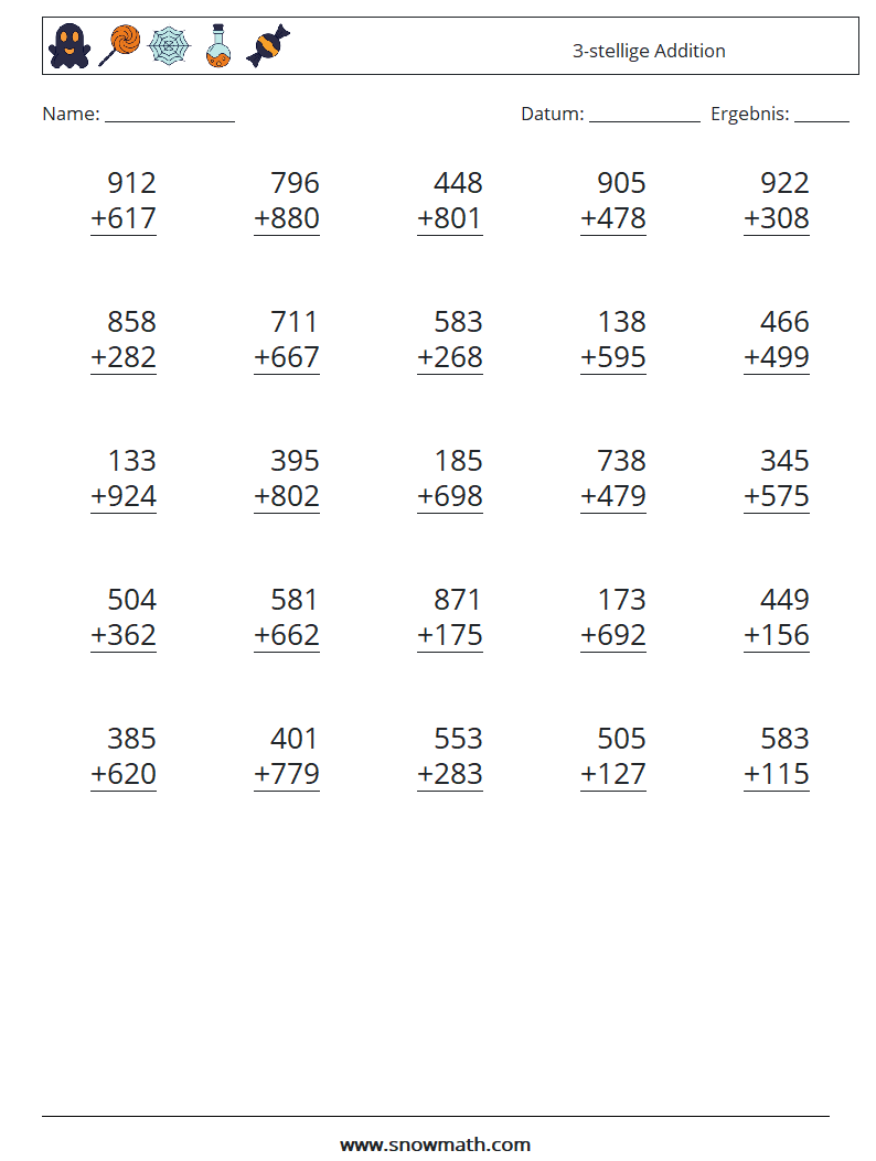 (25) 3-stellige Addition Mathe-Arbeitsblätter 1