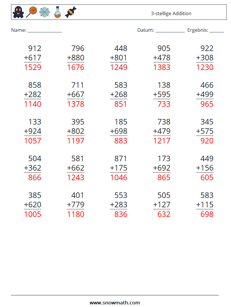 (25) 3-stellige Addition Mathe-Arbeitsblätter 1 Frage, Antwort