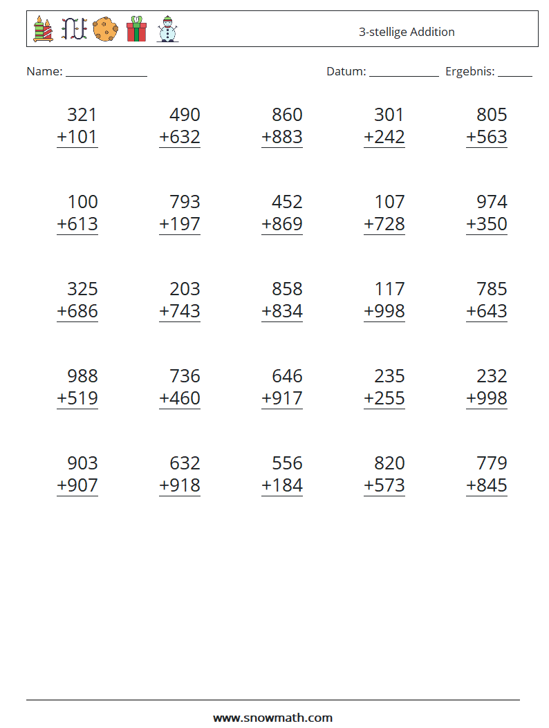 (25) 3-stellige Addition Mathe-Arbeitsblätter 2