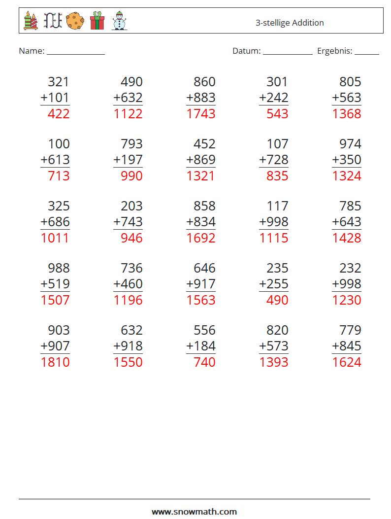 (25) 3-stellige Addition Mathe-Arbeitsblätter 2 Frage, Antwort