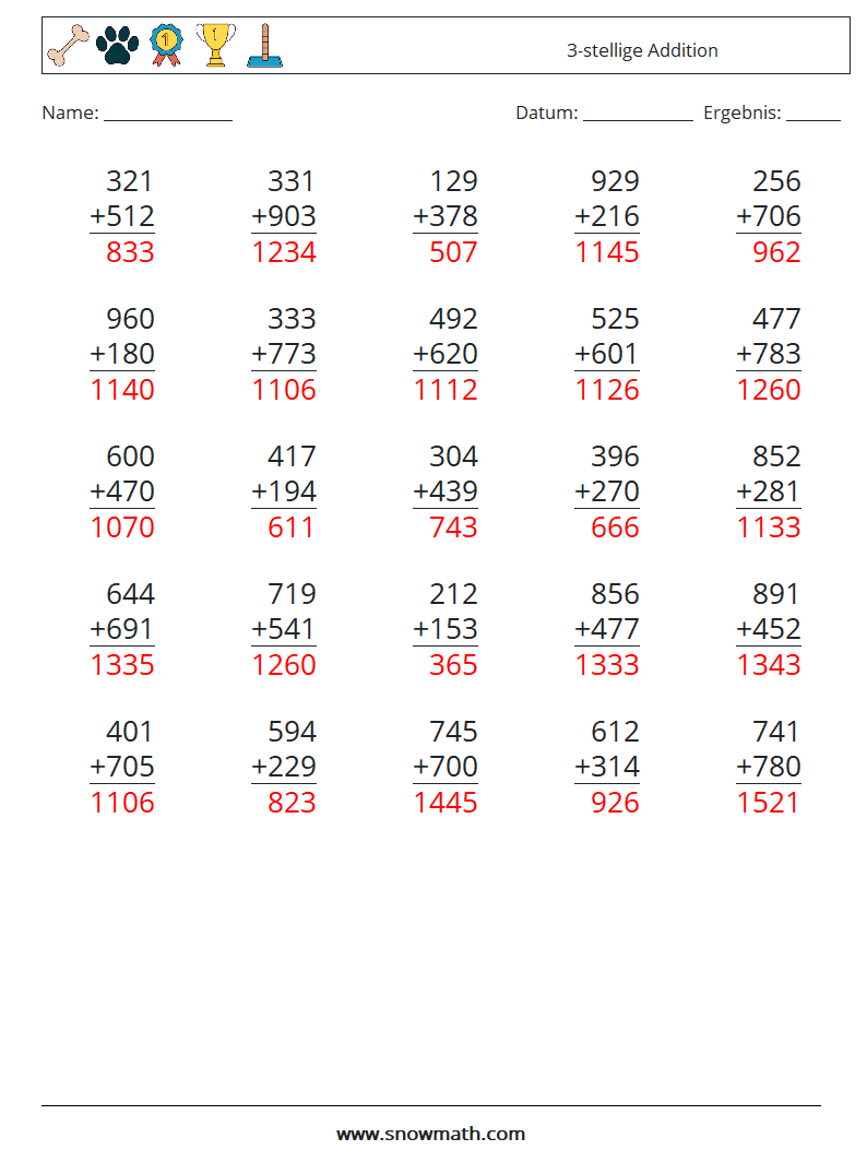 (25) 3-stellige Addition Mathe-Arbeitsblätter 3 Frage, Antwort