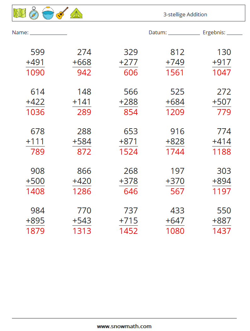 (25) 3-stellige Addition Mathe-Arbeitsblätter 4 Frage, Antwort