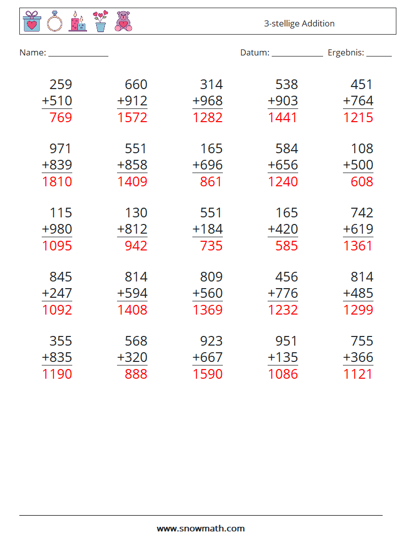 (25) 3-stellige Addition Mathe-Arbeitsblätter 5 Frage, Antwort