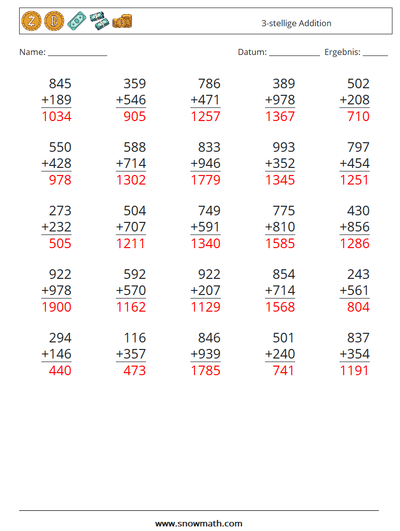 (25) 3-stellige Addition Mathe-Arbeitsblätter 6 Frage, Antwort