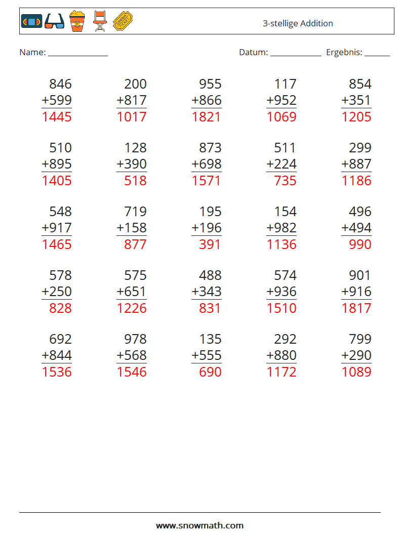 (25) 3-stellige Addition Mathe-Arbeitsblätter 7 Frage, Antwort