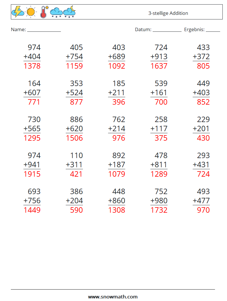 (25) 3-stellige Addition Mathe-Arbeitsblätter 8 Frage, Antwort