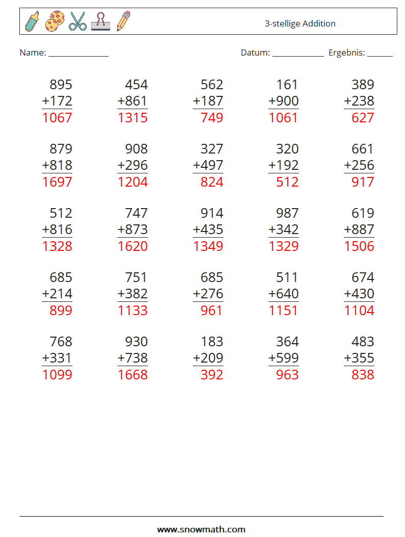 (25) 3-stellige Addition Mathe-Arbeitsblätter 9 Frage, Antwort