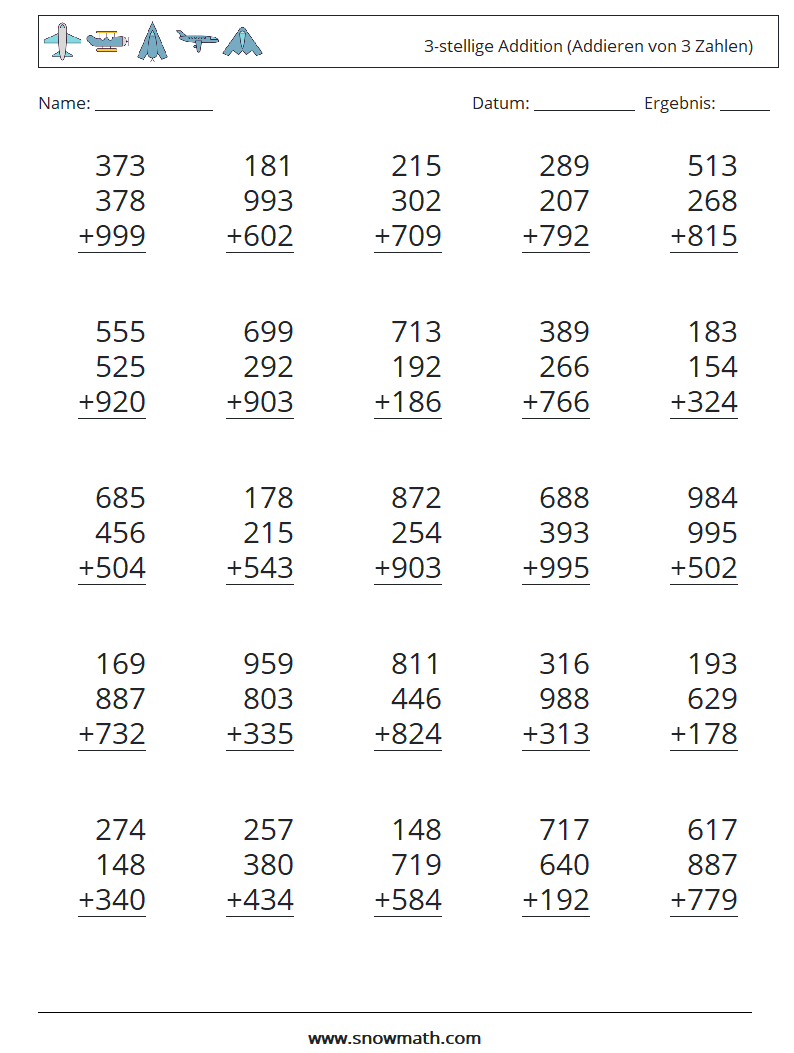 (25) 3-stellige Addition (Addieren von 3 Zahlen) Mathe-Arbeitsblätter 1