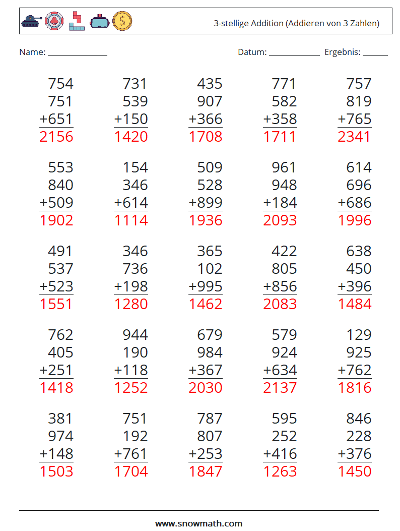 (25) 3-stellige Addition (Addieren von 3 Zahlen) Mathe-Arbeitsblätter 10 Frage, Antwort