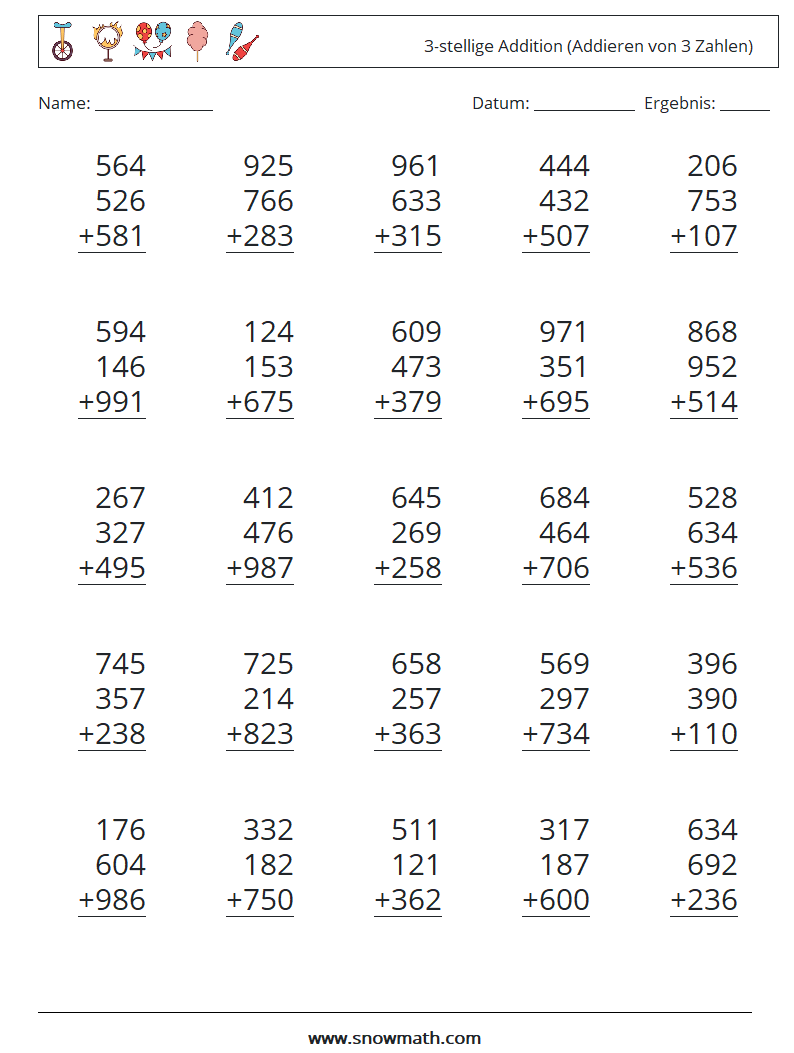 (25) 3-stellige Addition (Addieren von 3 Zahlen) Mathe-Arbeitsblätter 11