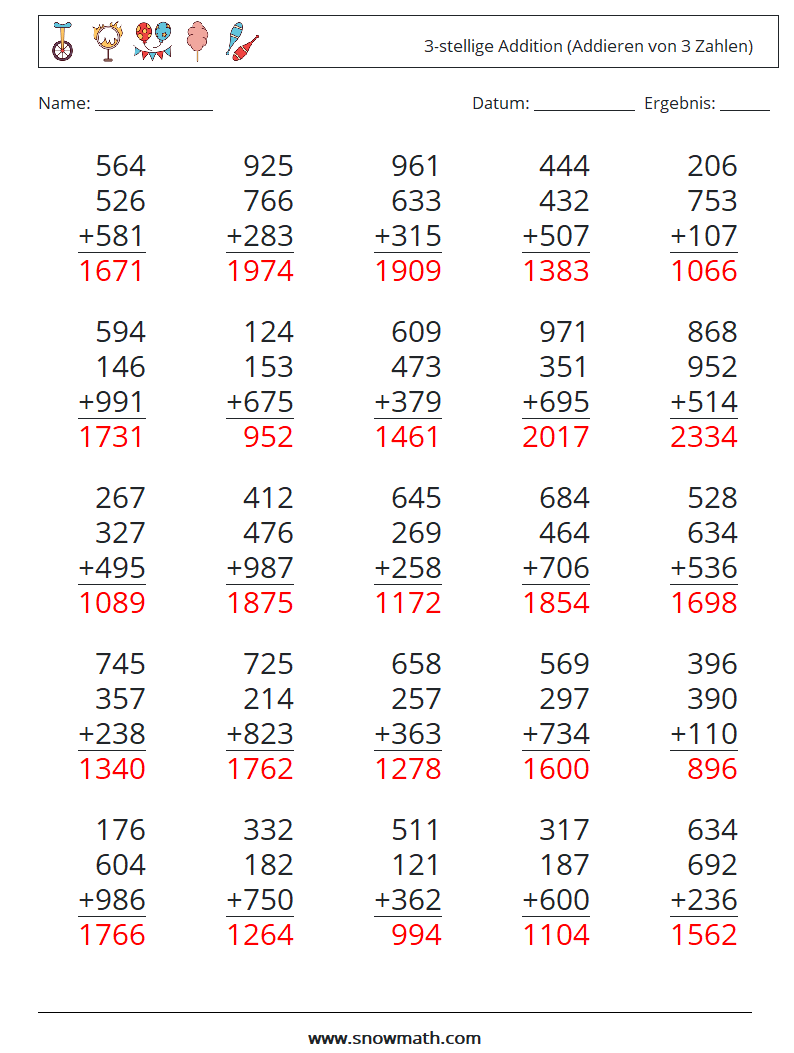 (25) 3-stellige Addition (Addieren von 3 Zahlen) Mathe-Arbeitsblätter 11 Frage, Antwort