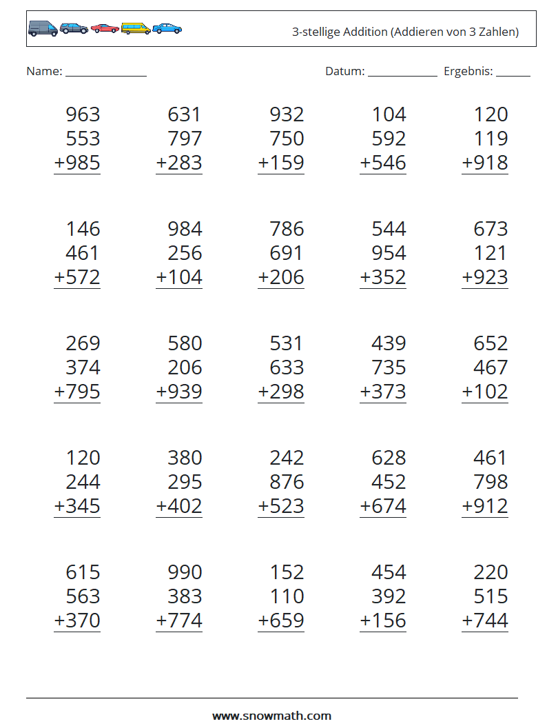 (25) 3-stellige Addition (Addieren von 3 Zahlen) Mathe-Arbeitsblätter 12