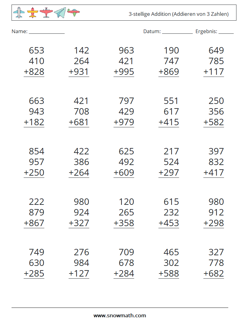 (25) 3-stellige Addition (Addieren von 3 Zahlen) Mathe-Arbeitsblätter 13