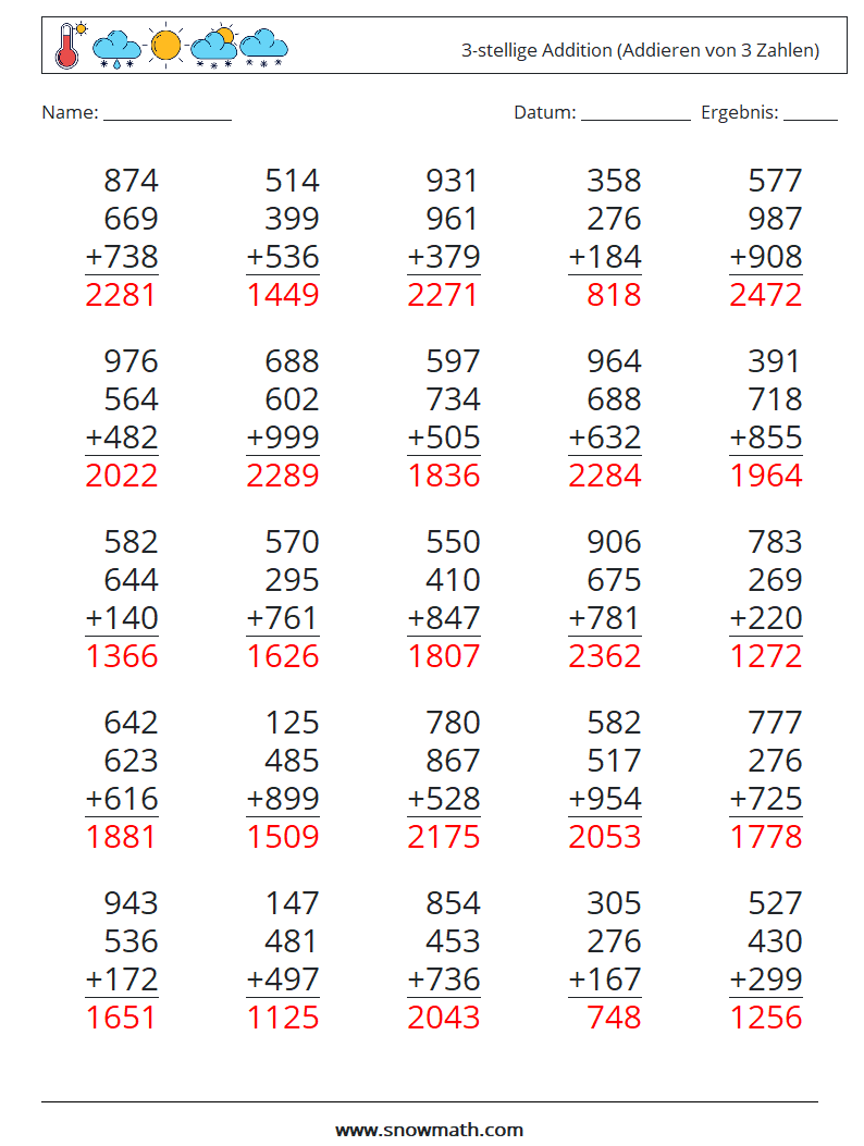 (25) 3-stellige Addition (Addieren von 3 Zahlen) Mathe-Arbeitsblätter 14 Frage, Antwort