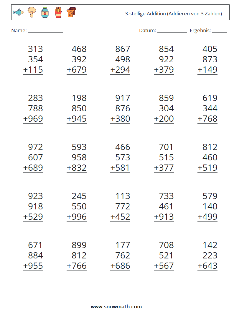 (25) 3-stellige Addition (Addieren von 3 Zahlen) Mathe-Arbeitsblätter 16