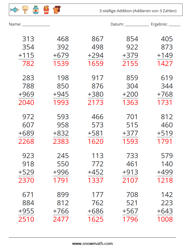 (25) 3-stellige Addition (Addieren von 3 Zahlen) Mathe-Arbeitsblätter 16 Frage, Antwort