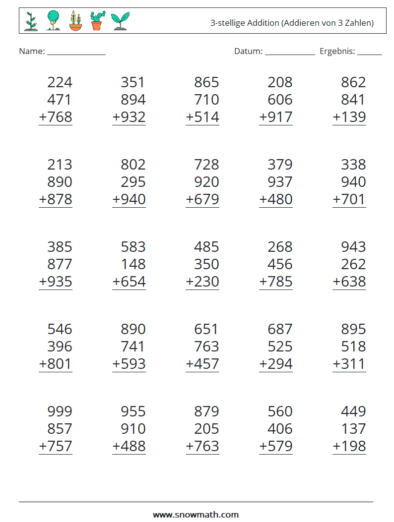 (25) 3-stellige Addition (Addieren von 3 Zahlen) Mathe-Arbeitsblätter 18