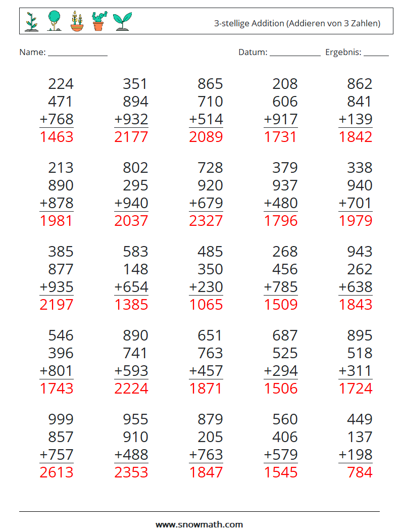 (25) 3-stellige Addition (Addieren von 3 Zahlen) Mathe-Arbeitsblätter 18 Frage, Antwort