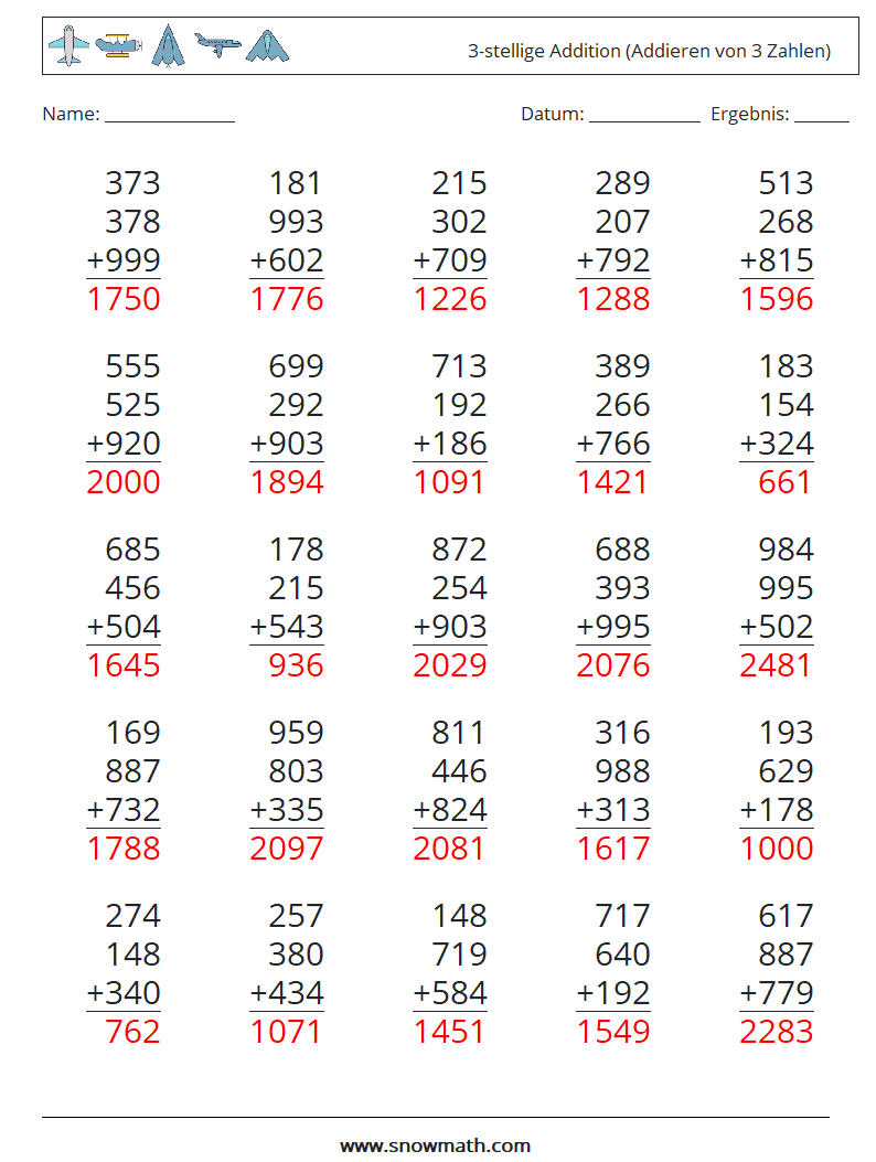 (25) 3-stellige Addition (Addieren von 3 Zahlen) Mathe-Arbeitsblätter 1 Frage, Antwort