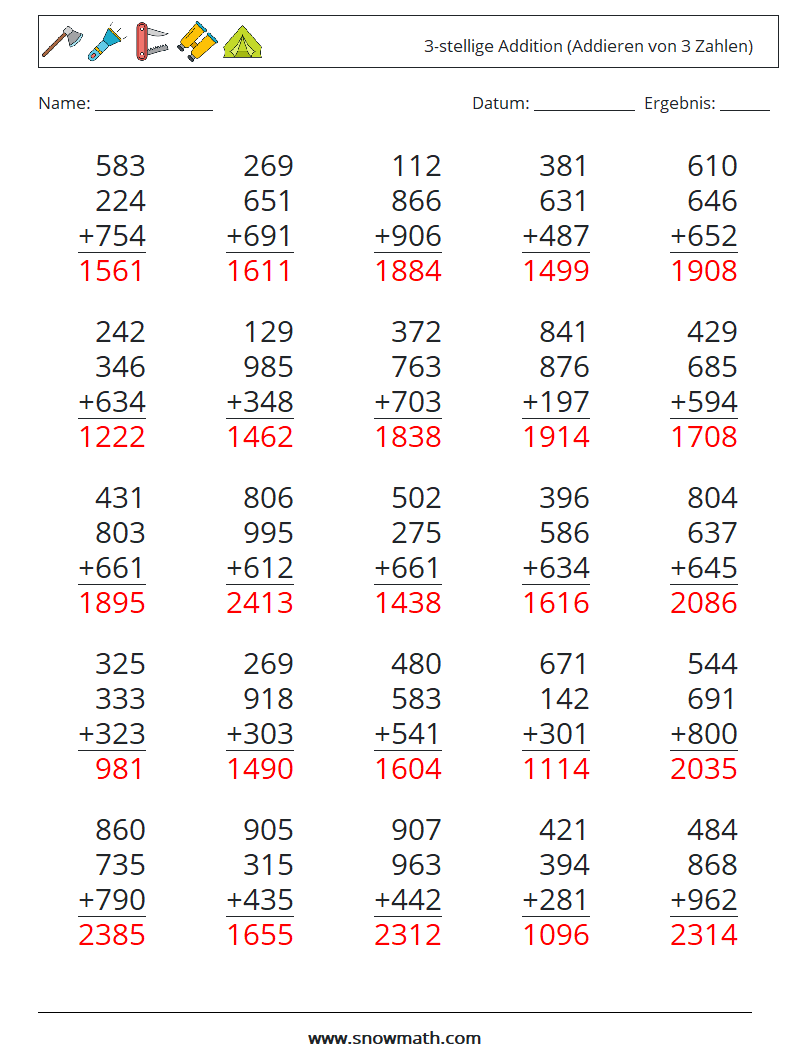 (25) 3-stellige Addition (Addieren von 3 Zahlen) Mathe-Arbeitsblätter 2 Frage, Antwort