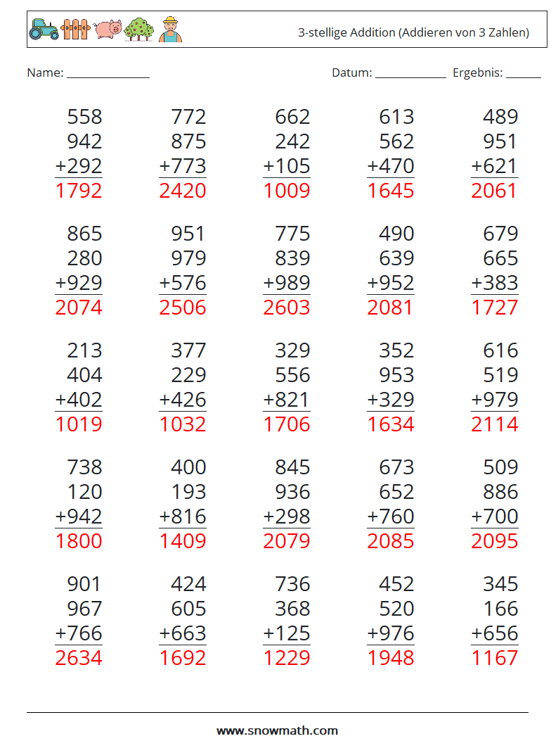 (25) 3-stellige Addition (Addieren von 3 Zahlen) Mathe-Arbeitsblätter 3 Frage, Antwort