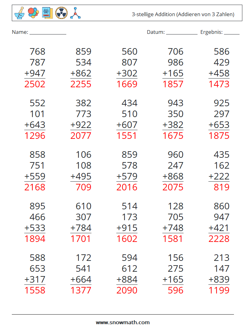 (25) 3-stellige Addition (Addieren von 3 Zahlen) Mathe-Arbeitsblätter 4 Frage, Antwort