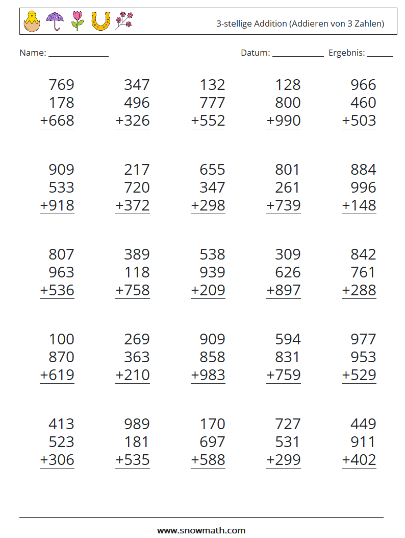 (25) 3-stellige Addition (Addieren von 3 Zahlen) Mathe-Arbeitsblätter 5