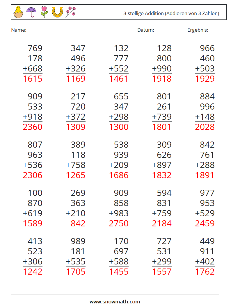 (25) 3-stellige Addition (Addieren von 3 Zahlen) Mathe-Arbeitsblätter 5 Frage, Antwort