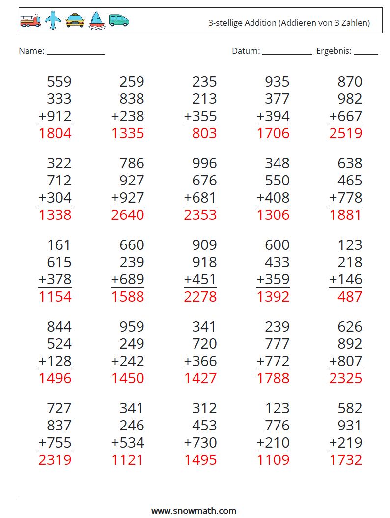 (25) 3-stellige Addition (Addieren von 3 Zahlen) Mathe-Arbeitsblätter 6 Frage, Antwort