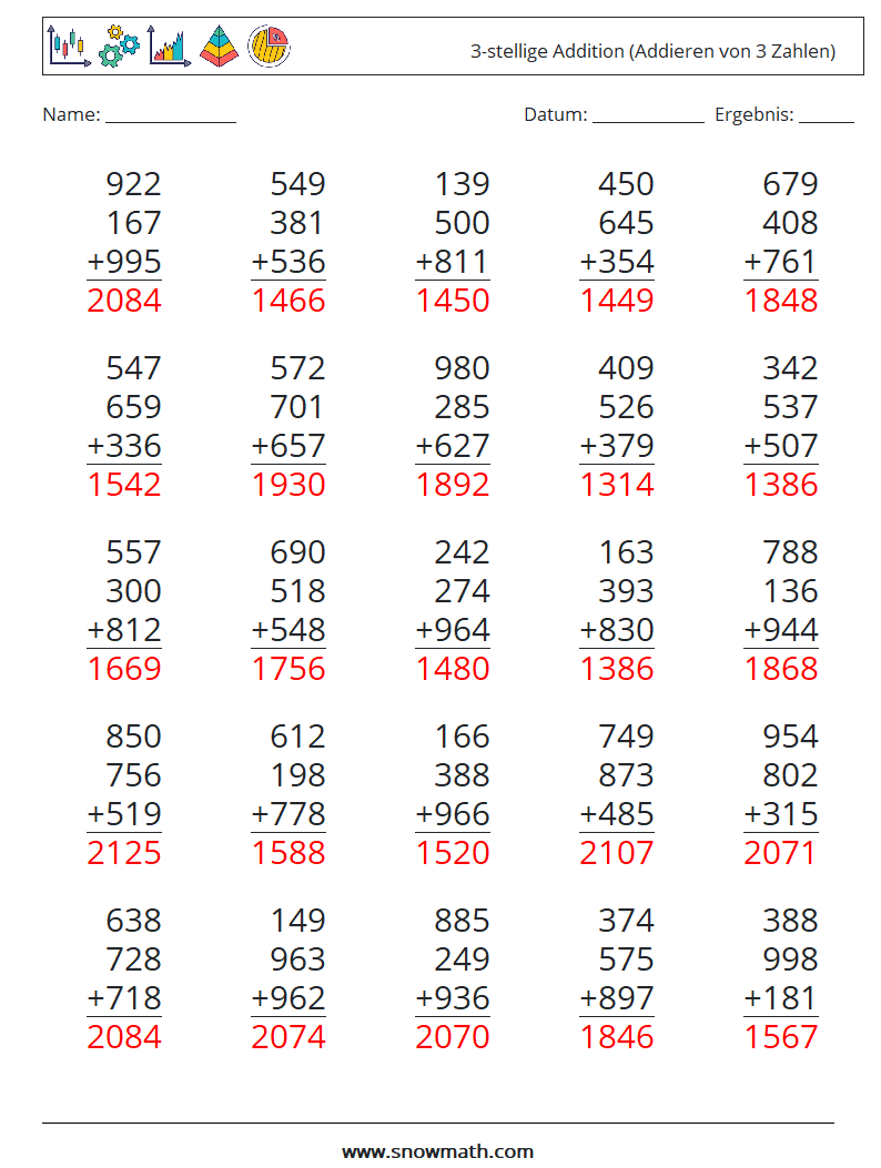 (25) 3-stellige Addition (Addieren von 3 Zahlen) Mathe-Arbeitsblätter 7 Frage, Antwort