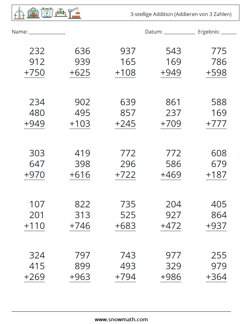 (25) 3-stellige Addition (Addieren von 3 Zahlen) Mathe-Arbeitsblätter 8