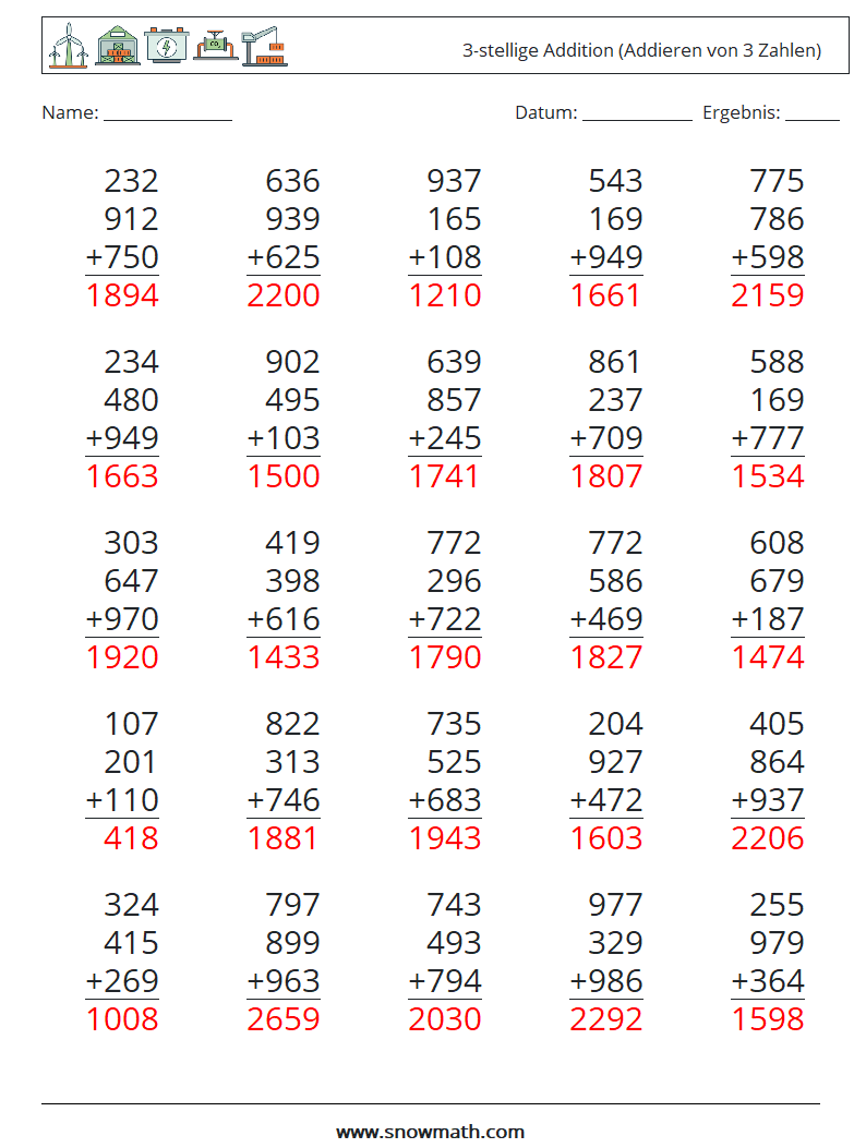 (25) 3-stellige Addition (Addieren von 3 Zahlen) Mathe-Arbeitsblätter 8 Frage, Antwort