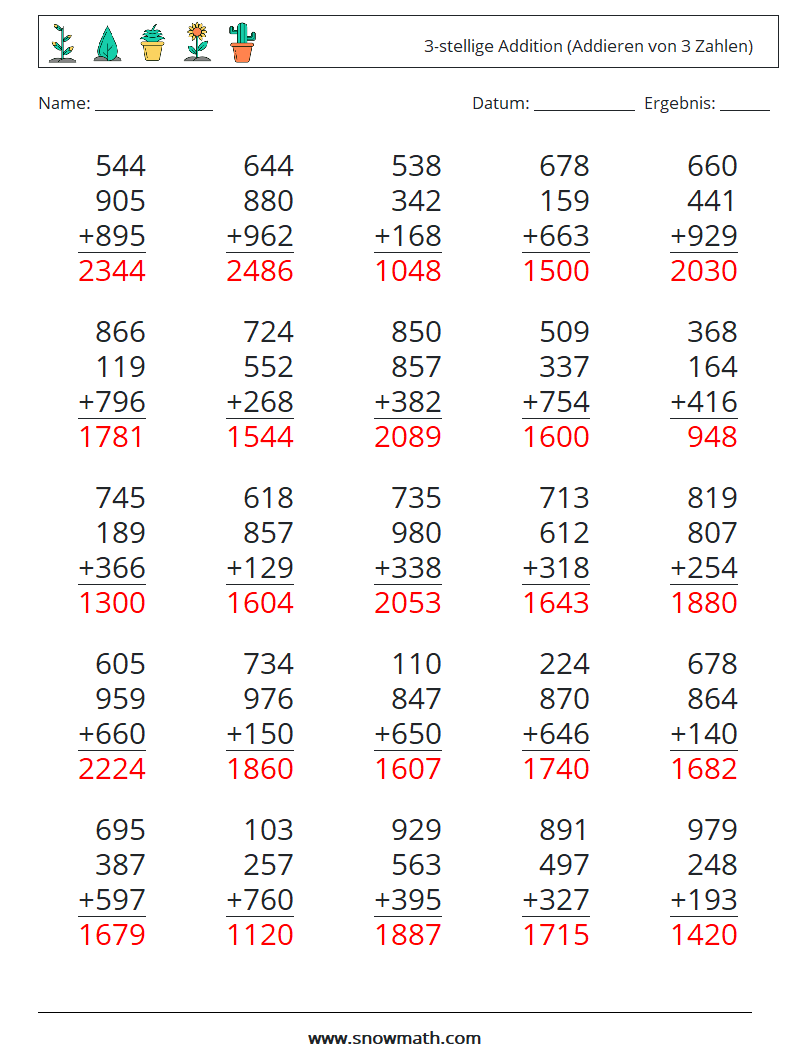 (25) 3-stellige Addition (Addieren von 3 Zahlen) Mathe-Arbeitsblätter 9 Frage, Antwort