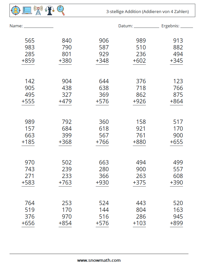 (25) 3-stellige Addition (Addieren von 4 Zahlen) Mathe-Arbeitsblätter 1