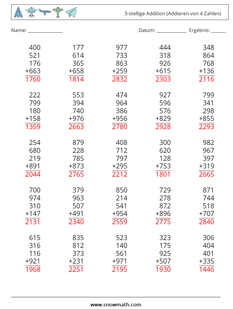 (25) 3-stellige Addition (Addieren von 4 Zahlen) Mathe-Arbeitsblätter 11 Frage, Antwort