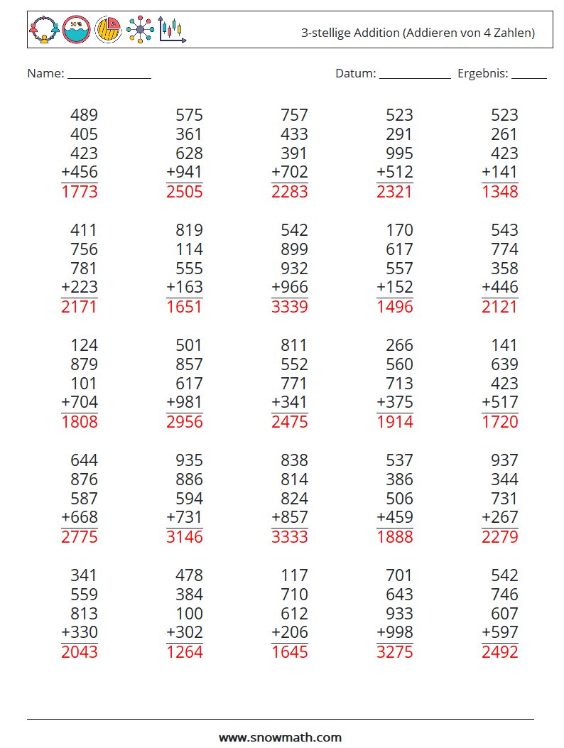 (25) 3-stellige Addition (Addieren von 4 Zahlen) Mathe-Arbeitsblätter 13 Frage, Antwort