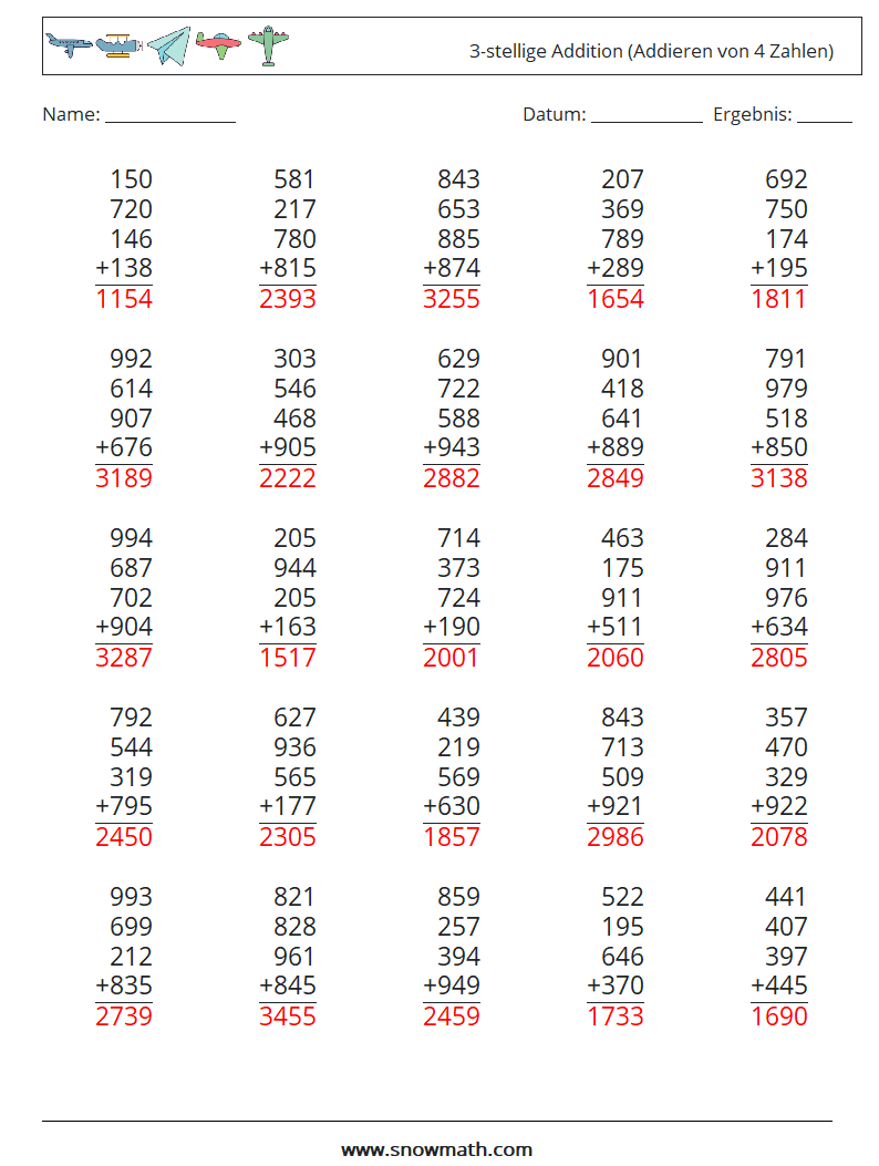 (25) 3-stellige Addition (Addieren von 4 Zahlen) Mathe-Arbeitsblätter 15 Frage, Antwort