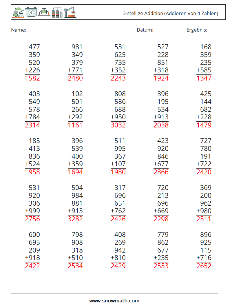 (25) 3-stellige Addition (Addieren von 4 Zahlen) Mathe-Arbeitsblätter 16 Frage, Antwort