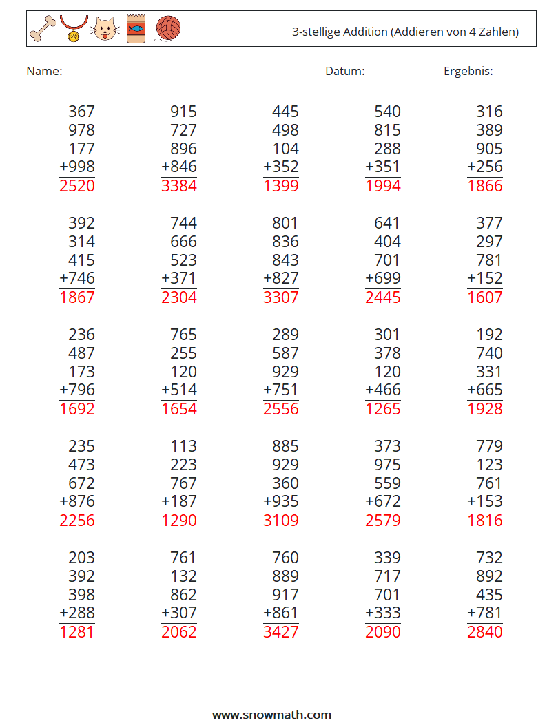 (25) 3-stellige Addition (Addieren von 4 Zahlen) Mathe-Arbeitsblätter 17 Frage, Antwort