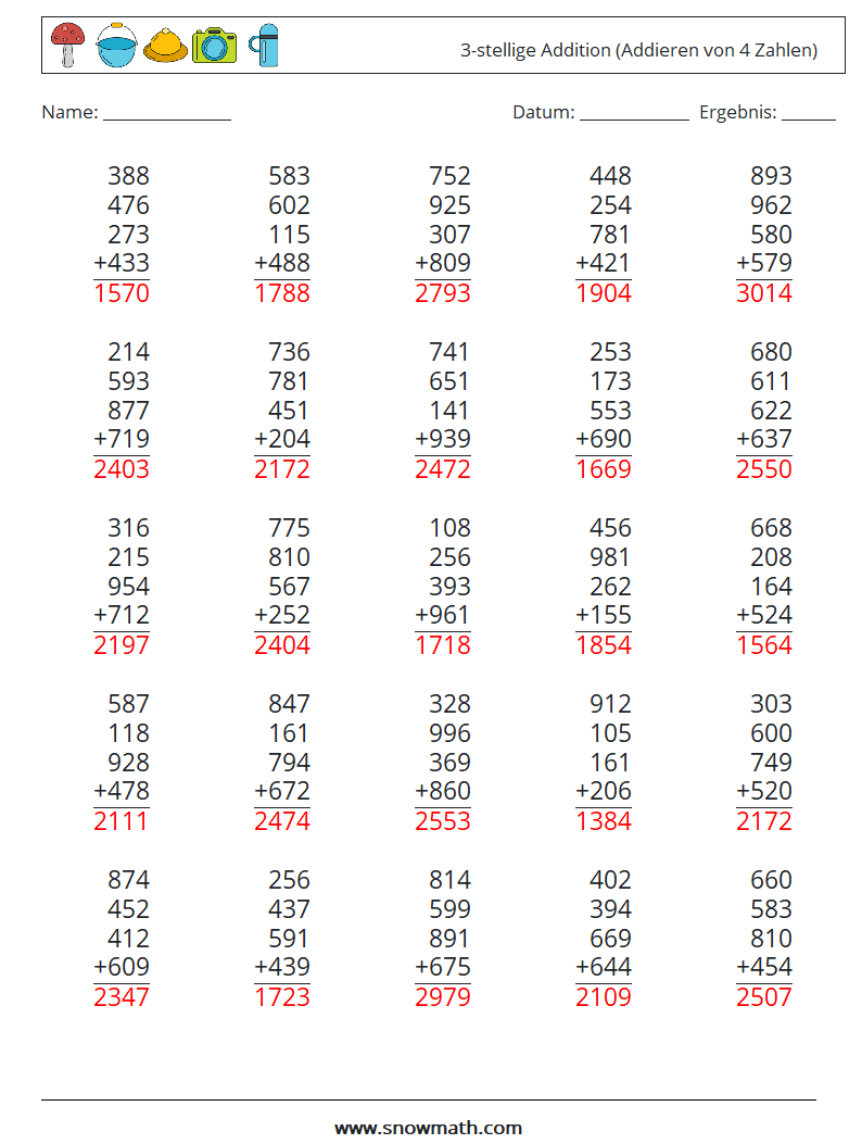 (25) 3-stellige Addition (Addieren von 4 Zahlen) Mathe-Arbeitsblätter 18 Frage, Antwort