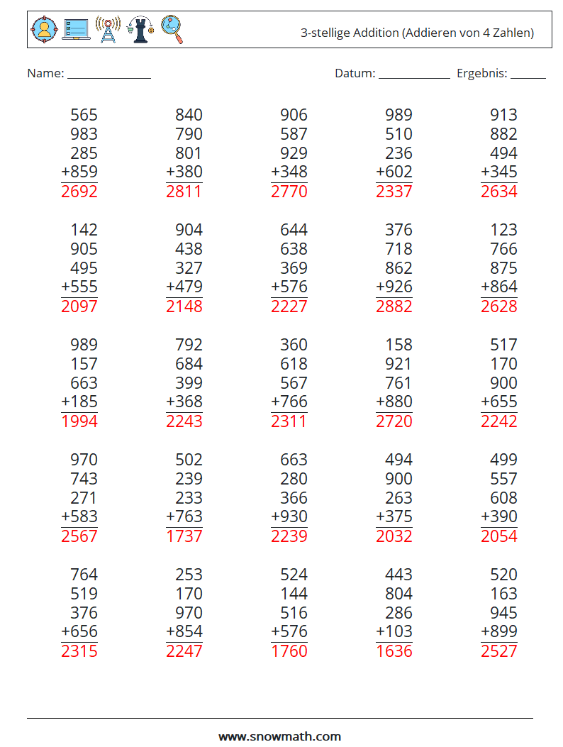 (25) 3-stellige Addition (Addieren von 4 Zahlen) Mathe-Arbeitsblätter 1 Frage, Antwort