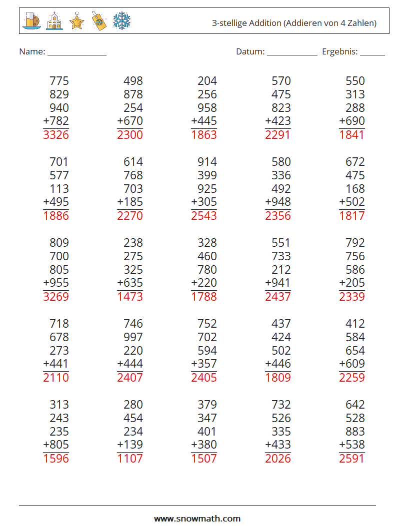 (25) 3-stellige Addition (Addieren von 4 Zahlen) Mathe-Arbeitsblätter 2 Frage, Antwort