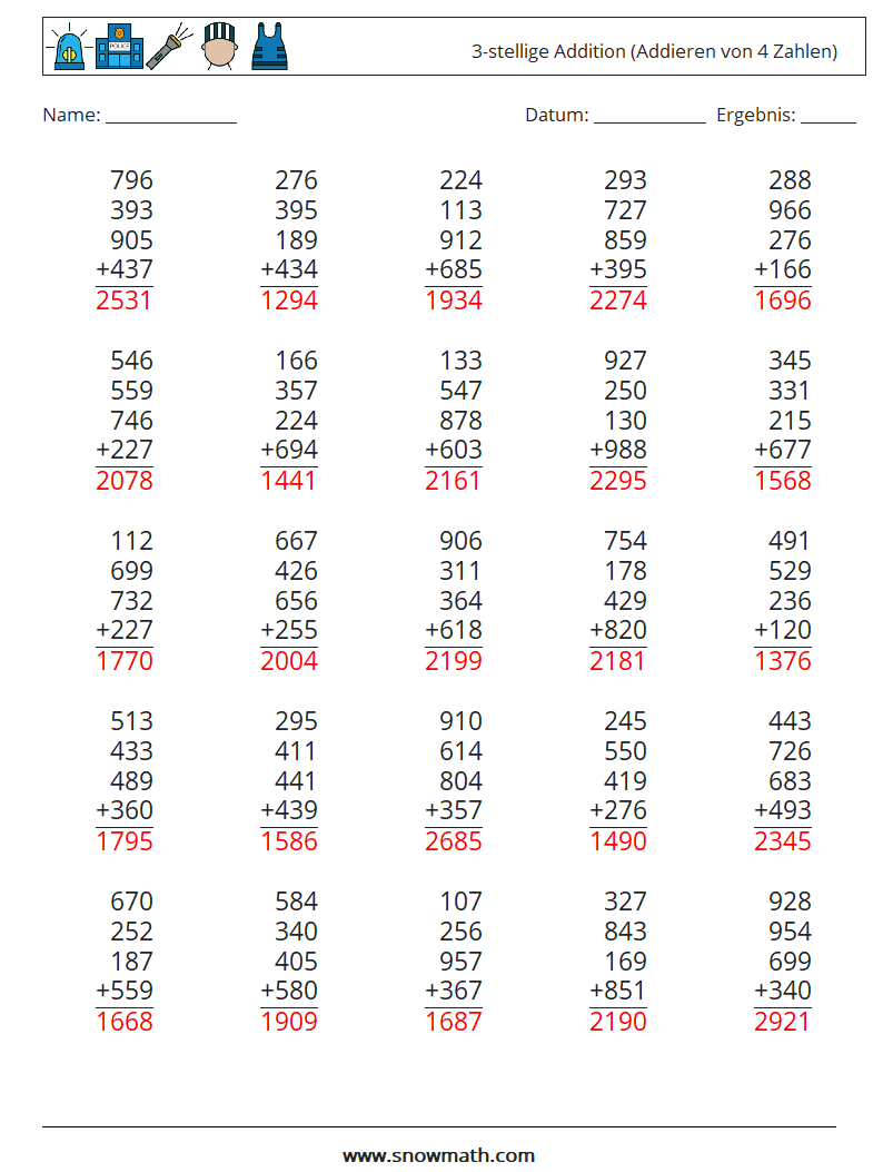 (25) 3-stellige Addition (Addieren von 4 Zahlen) Mathe-Arbeitsblätter 3 Frage, Antwort